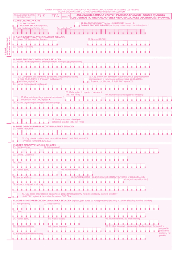ZUS ZPA  Zgłoszenie/zmiana danych płatnika składek - osoby prawnej lub jednostki organizacyjnej nieposiadającej osobowości prawnej