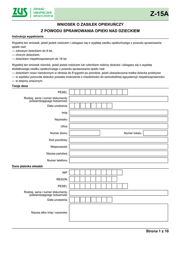 ZUS Z-15A (archiwalny) Wniosek o zasiłek opiekuńczy z powodu sprawowania opieki nad dzieckiem