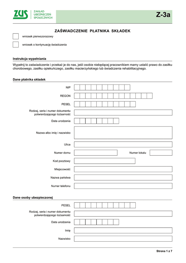 ZUS Z-3a (archiwalny) Zaświadczenie płatnika składek - z wysyłką do PUE ZUS