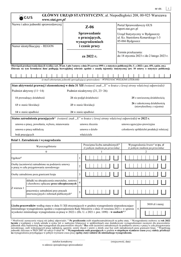 GUS Z-06 (2022) (archiwalny) Sprawozdanie o pracujących, wynagrodzeniach i czasie pracy za 2022 rok