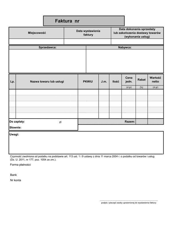 Fbv (n5 A4) (od 2014) (archiwalny) Faktura bez VAT netto (5 pozycji format A4)