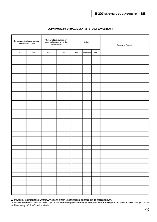 ZUS E 207 strona dodatkowa nr 1 SE Dodatkowe informacje dla instytucji szwedzkich