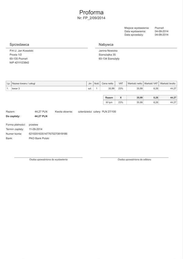 FP(n-1poz) (archiwalny) Faktura Proforma netto (1 pozycja) - darmowa