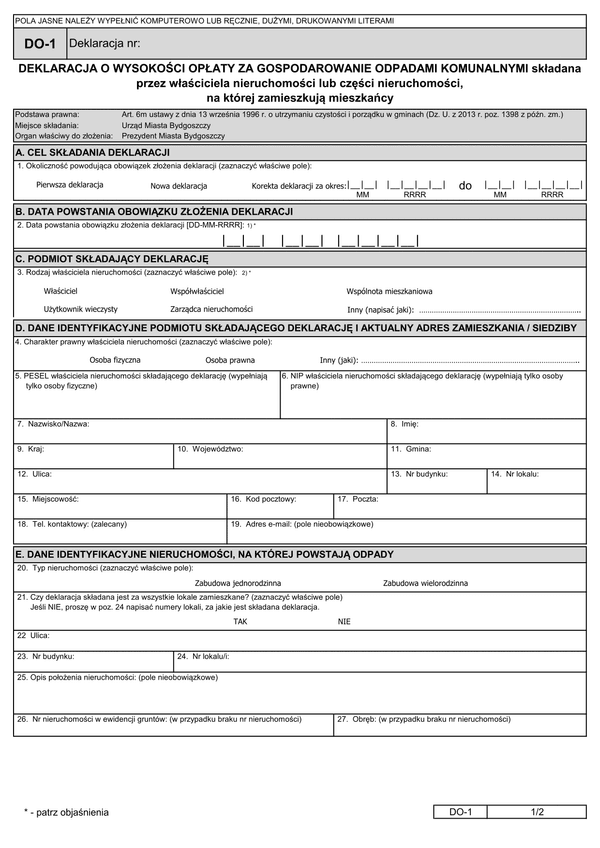 DO-1 B (2) (archiwalny) Deklaracja o wysokości opłaty za gospodarowanie odpadami komunalnymi nieruchomość zamieszkała - Bydgoszcz