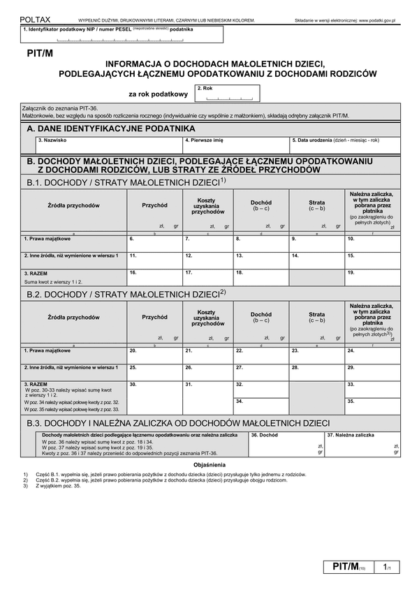 PIT/M (10) (2023) Informacja o dochodach małoletnich dzieci, podlegających łącznemu opodatkowaniu z dochodami rodziców