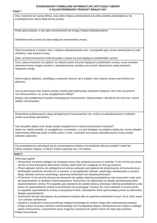 SFIW Standardowy formularz informacyjny dotyczący umowy o długoterminowy produkt wakacyjny