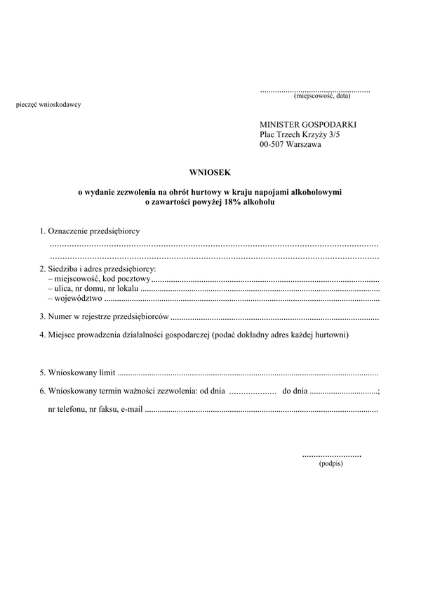 WwznAW Wniosek o wydanie zezwolenia na obrót hurtowy w kraju napojami alkoholowymi o zawartości powyżej 18% alkoholu