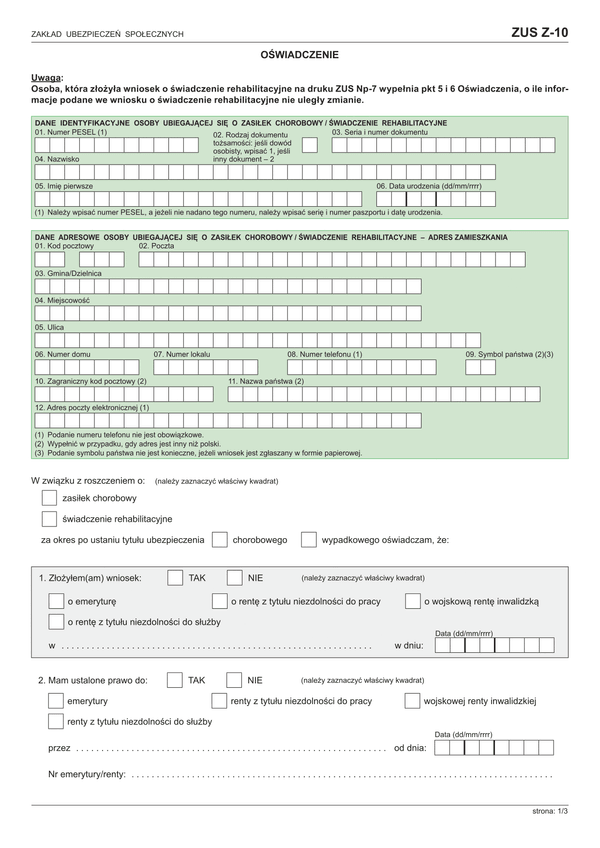 ZUS Z-10 (archiwalny) Oświadczenie (od 2016)