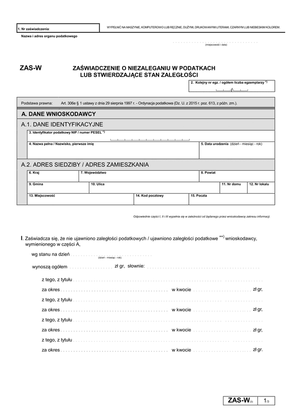 ZAS-W (3) (archiwalny) Zaświadczenie o niezaleganiu w podatkach lub stwierdzające stan zaległości