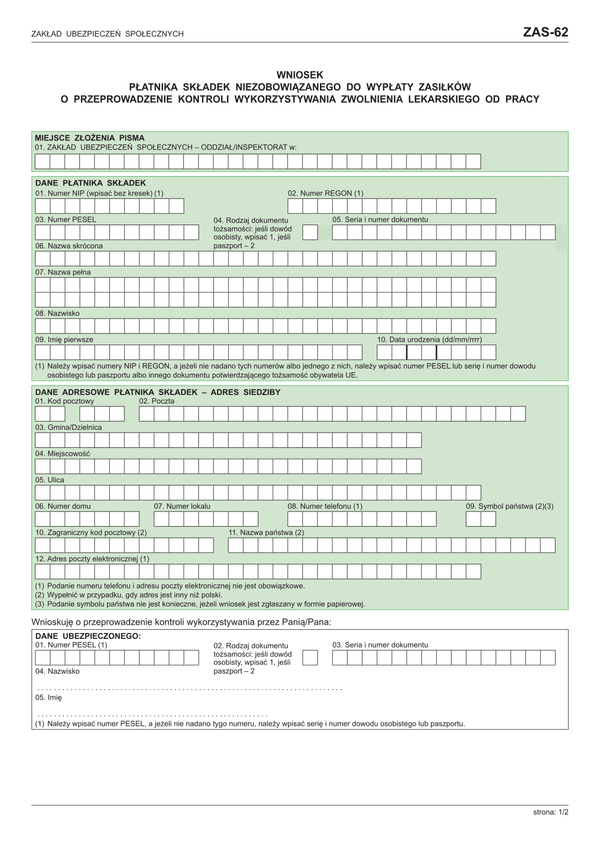 ZUS ZAS-62 (archiwalny) Wniosek płatnika składek niezobowiązanego do wypłaty zasiłków o przeprowadzenie kontroli wykorzystywania zwolnienia lekarskiego od pracy