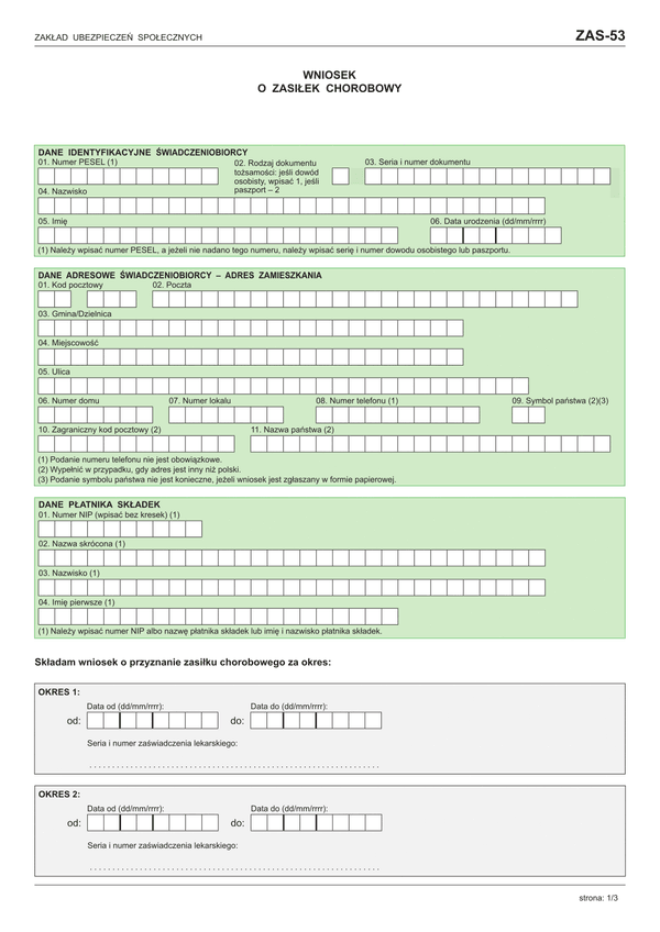 ZUS ZAS-53 (archiwalny) Wniosek o zasiłek chorobowy