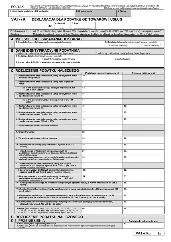 CzVAT-7K (11) (archiwalny) Gminne (samorządowe) jednostki budżetowe - deklaracja VAT-7K częściowa (do przekazania organom gminy celem stworzenia łącznej deklaracji VAT)  