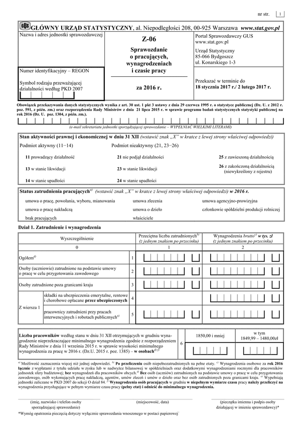 GUS Z-06 (2016) (archiwalny) Sprawozdanie o pracujących, wynagrodzeniach i czasie pracy za 2016 rok