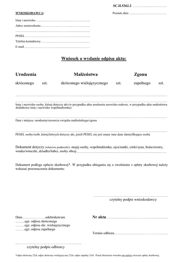 WOWAC-Po Wniosek o wydanie odpisu aktu stanu cywilnego Poznań