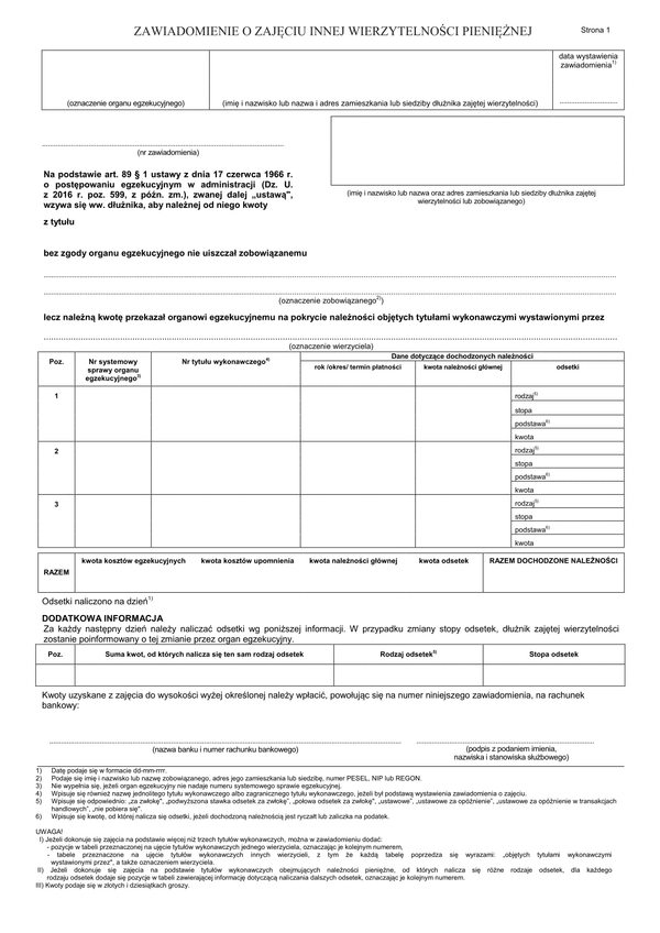 ZoZIWP (archiwalny) Zawiadomienie o zajęciu innej wierzytelności pieniężnej
