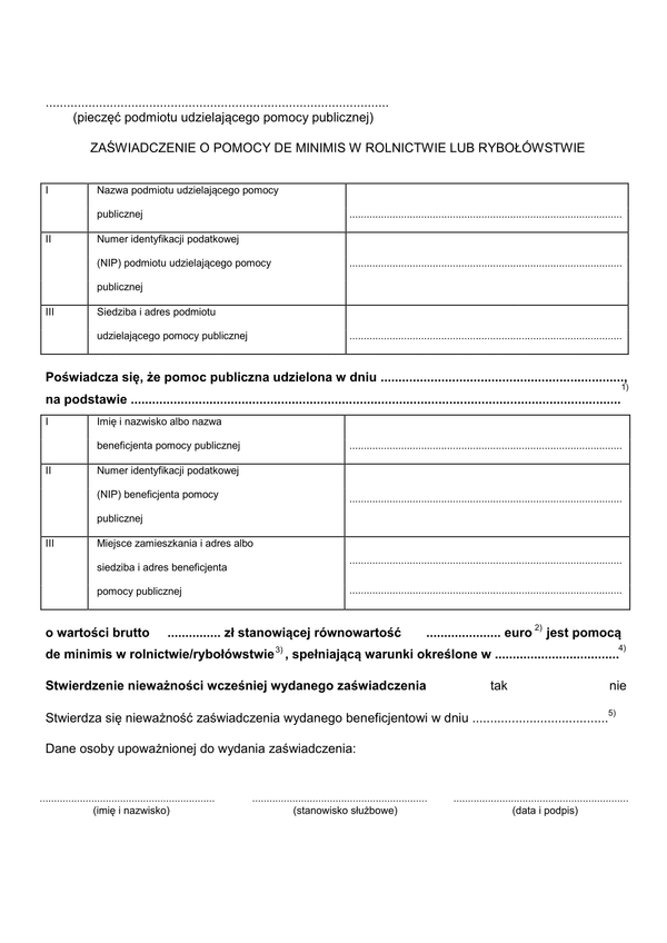 ZoPDMr Zaświadczenie o pomocy de minimis w rolnictwie lub rybołówstwie