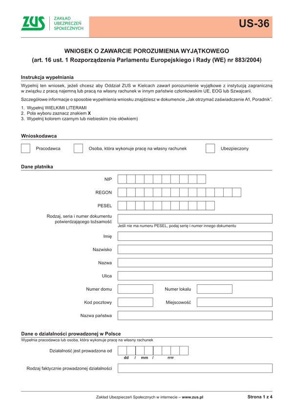 ZUS US-36 (archiwalny) Wniosek o zawarcie porozumienia wyjątkowego na podstawie: art. 16.1 Rozporządzenia Parlamentu Europejskiego i Rady (WE) Nr 883/2004