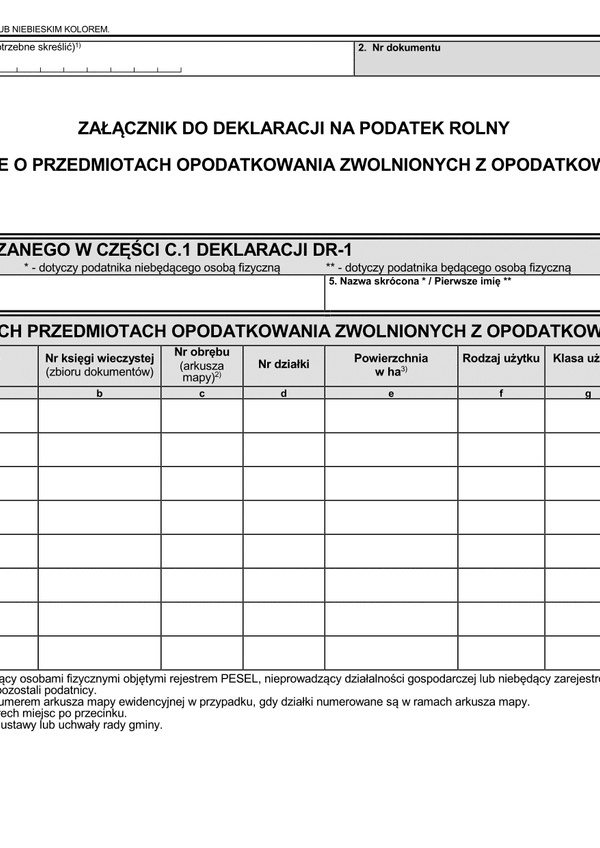 ZDR-2 (1) Załącznik do deklaracji na podatek rolny - dane o przedmiotach opodatkowania zwolnionych z opodatkowania