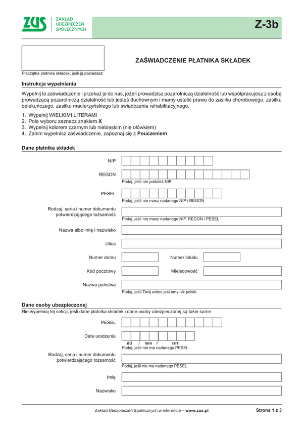 ZUS Z-3b  (archiwalny) Zaświadczenie płatnika składek