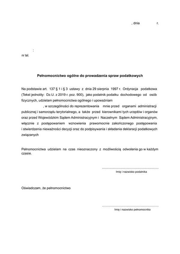 PdPSD Pełnomocnictwo ogólne do prowadzenia spraw podatkowych