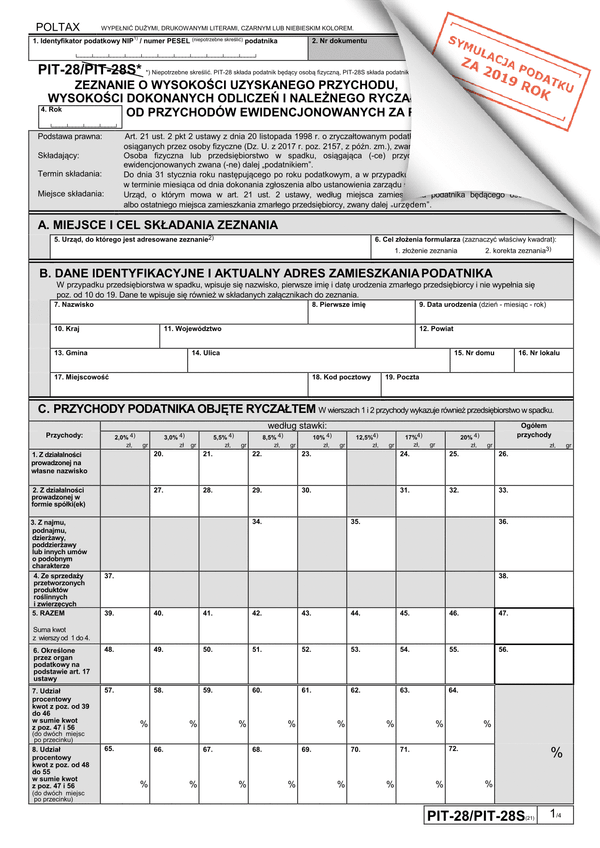 PIT-28 (21) (archiwalny) (2019) Zeznanie o wysokości uzyskanego przychodu, wysokości dokonanych odliczeń i należnego ryczałtu od przychodów ewidencjonowanych za 2019