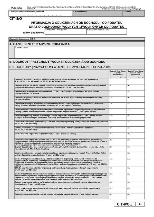 CIT-8/O (15) (archiwalny) Informacja o odliczeniach od dochodu i od podatku oraz o dochodach wolnych i zwolnionych od podatku
