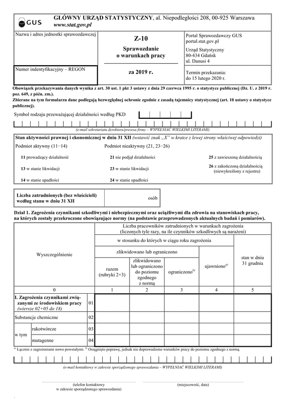 GUS Z-10 (2019) (archiwalny) Sprawozdanie o warunkach pracy za 2019 rok