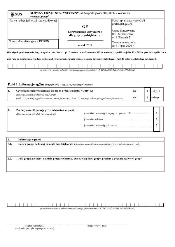 GUS GP (2019) (archiwalny) Sprawozdanie statystyczne dla grup przedsiębiorstw za rok 2019
