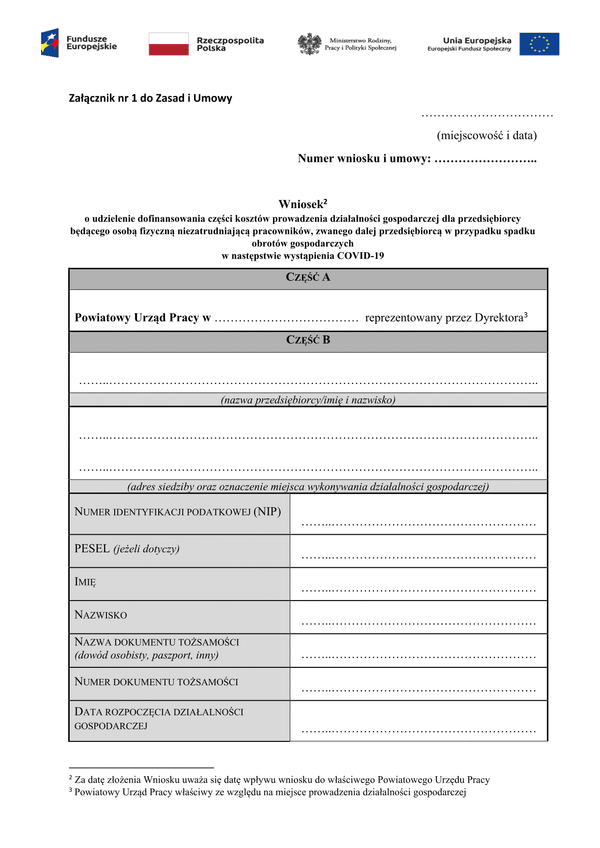 PSZ-DKDG  (archiwalny) Wniosek o udzielenie dofinansowania części kosztów prowadzenia działalności gospodarczej dla przedsiębiorcy będącego osobą fizyczną niezatrudniającą pracowników