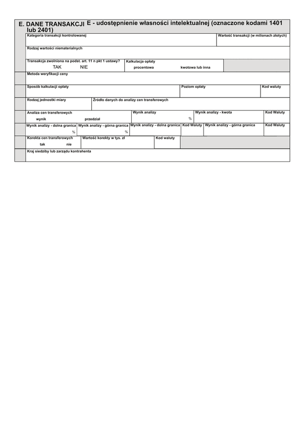 TPR-C zał.E (archiwalny) Dane transakcji E - udostępnienie własności intelektualnej (oznaczone kodami 1401 lub 2401)