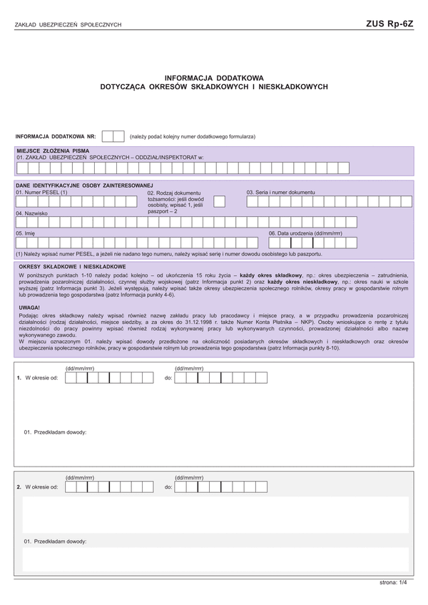 ZUS RP-6Z (archiwalny) Informacja dodatkowa dotycząca okresów składkowych i nieskładkowych