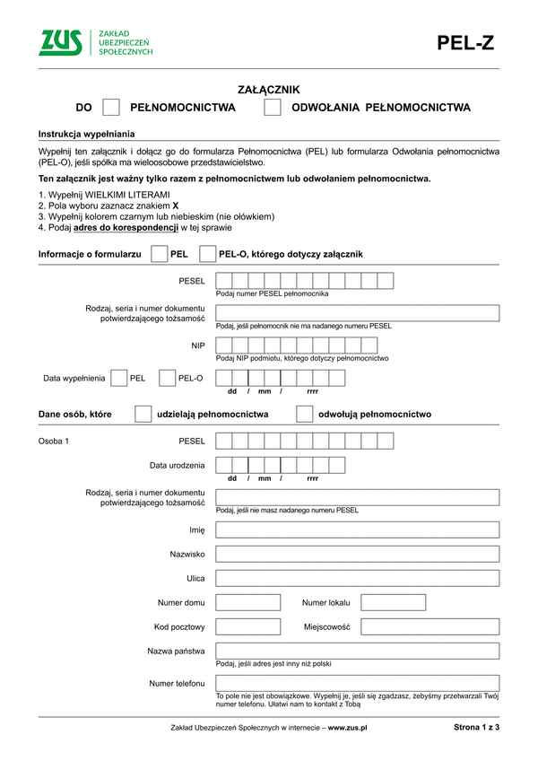 ZUS PEL-Z (archiwalny) Załącznik do pełnomocnictwa