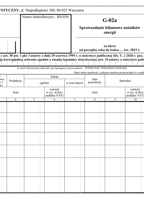 GUS G-02a (archiwalny) (2021) Sprawozdanie bilansowe nośników energii