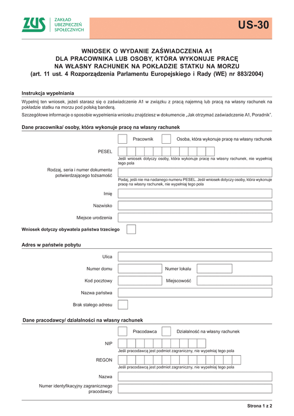 ZUS US-30 Wniosek o zaświadczenie A1 - osoba zatrudniona na pokładzie statku - z wysyłką do PUE ZUS