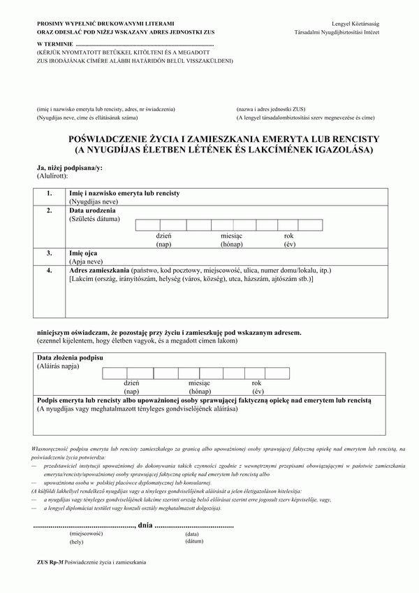 ZUS RP-3F (archiwalny) Poświadczenie życia i zamieszkania emeryta lub rencisty (w wersji polsko-węgierskiej)