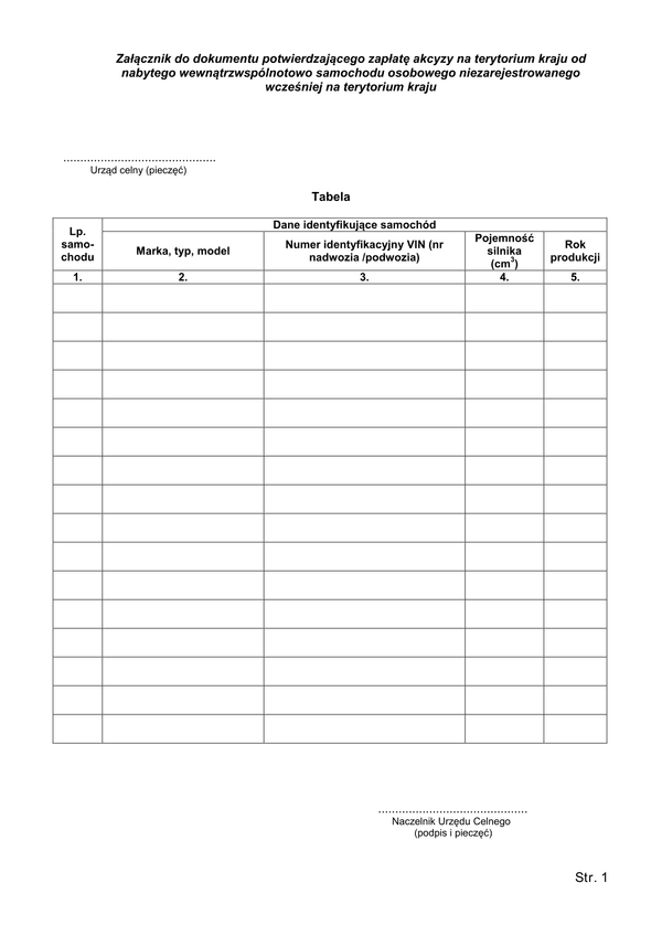 DPZA-zal Załącznik do dokumentu potwierdzającego zapłatę akcyzy na terytorium kraju od nabytego wewnątrzwspólnotowo samochodu osobowego niezarejestrowanego wcześniej na terytorium kraju