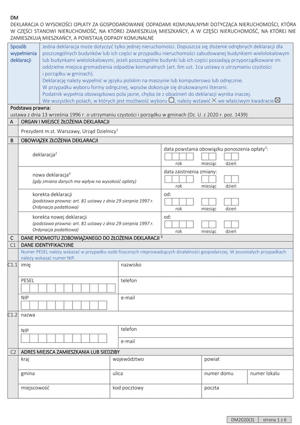D-M (archiwalny) Deklaracja o wysokości opłaty za gospodarowanie odpadami komunalnymi dla nieruchomości, która w części stanowi nieruchomość, na której zamieszkują mieszkańcy