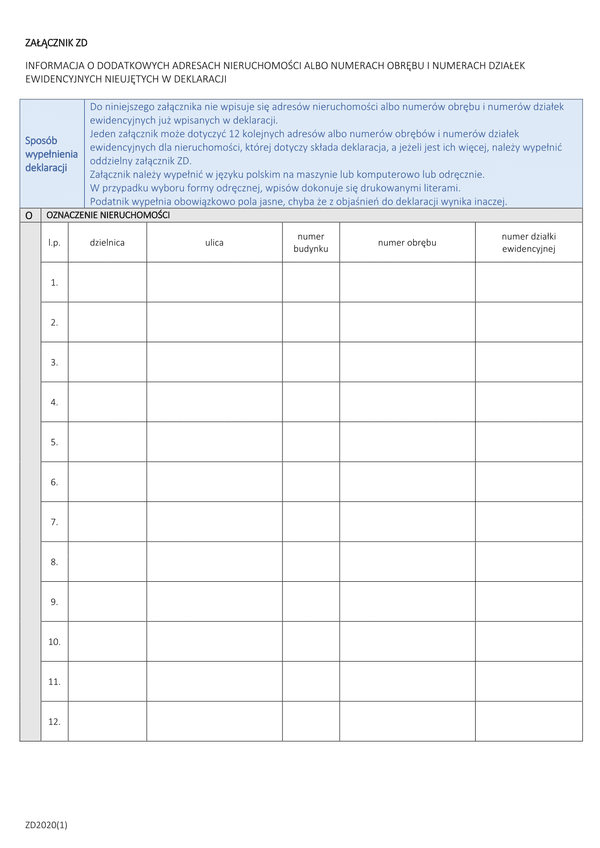 ZD (archiwalny) Załącznik do deklaracji - Informacja o dodatkowych adresach nieruchomości albo numerach obrębu i numerach działek ewidencyjnych nieujętych w deklaracji