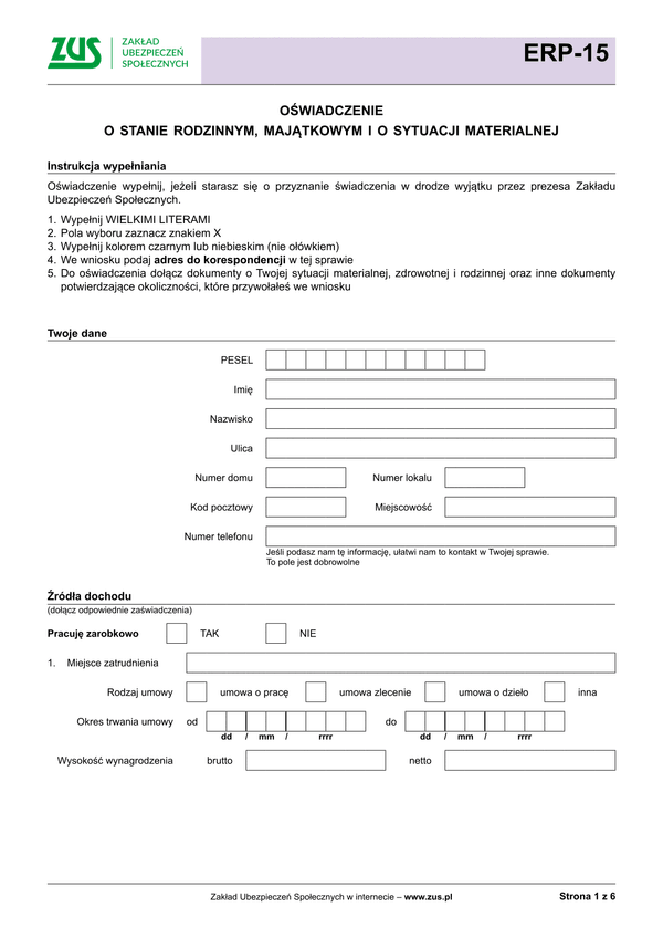 ZUS ERP-15 Oświadczenie o stanie rodzinnym, majątkowym i o sytuacji materialnej