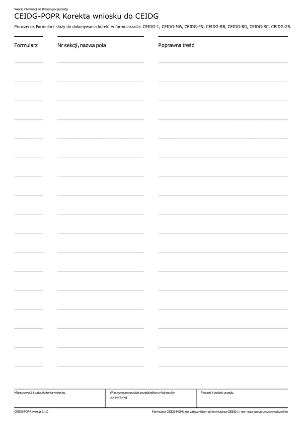 CEIDG-POPR (2.1) Wniosek o wpis do ewidencji działalności gospodarczej - korekta pomyłek