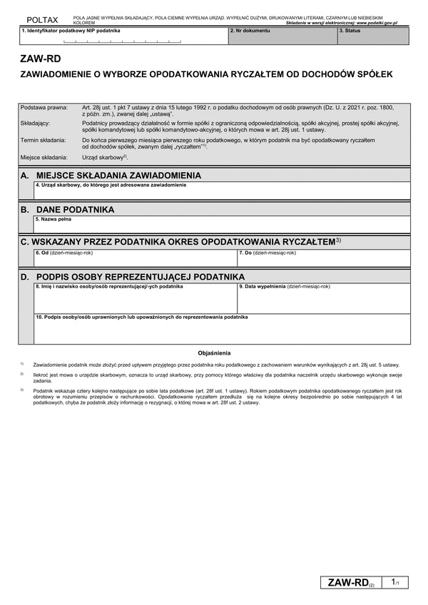 ZAW-RD (2) (2022-2024) Zawiadomienie o wyborze opodatkowania ryczałtem od dochodów spółek kapitałowych