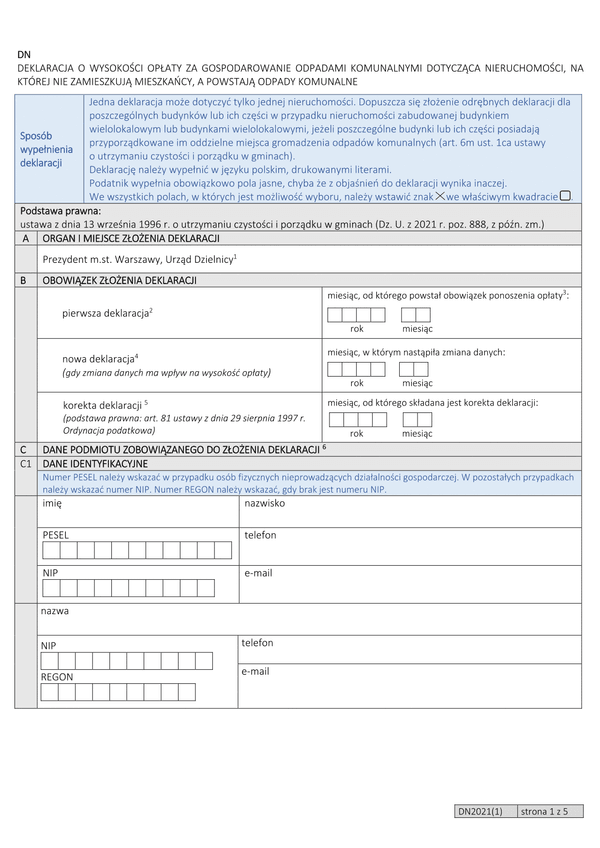 DN Deklaracja o wysokości opłaty za gospodarowanie odpadami komunalnymi dotycząca nieruchomości na której zamieszkują mieszkańcy, a powstają odpady komunalne (Warszawa)