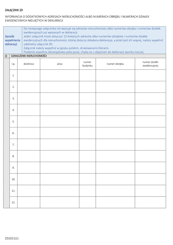 ZD mz Załącznik do deklaracji DM i DZ - Informacja o dodatkowych adresach nieruchomości albo numerach obrębu i numerach działek ewidencyjnych nieujętych w deklaracji