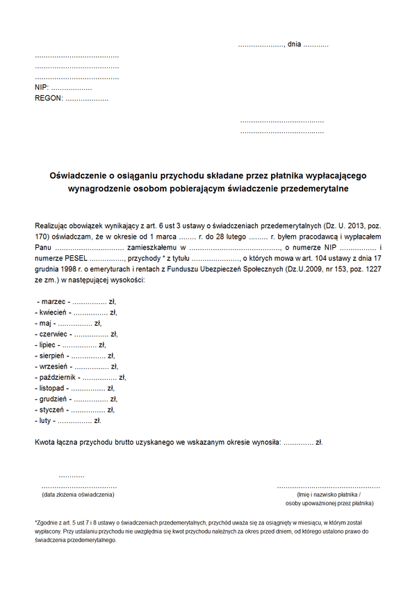 OWPSPP ZUS Oświadczenie o rocznej wysokości przychodów składane przez płatnika / pracodawcę / zleceniodawcę / jednostkę organizacyjną wypłacającego wynagrodzenie osobom pobierającym świadczenie przedemerytalne