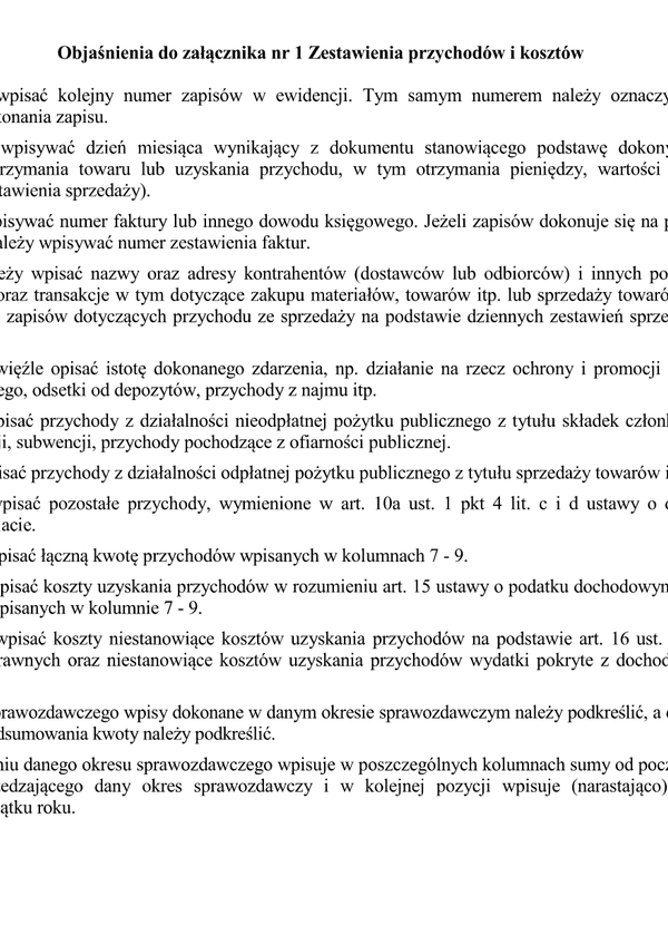 ZPiK-Obj Objaśnienia do załącznika nr 1 Zestawienia przychodów i kosztów