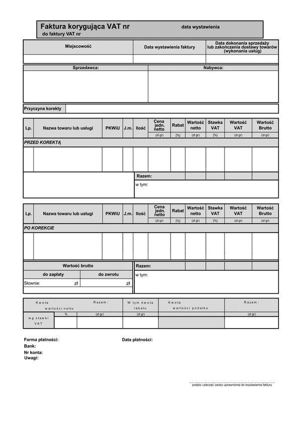 FVKOR(n1) (od 2013) (archiwalny) Faktura korygująca VAT netto (1 pozycja) 