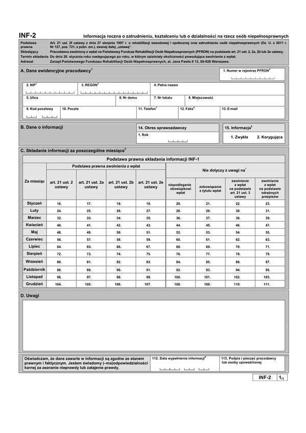 PFRON INF-2 (archiwalny) Informacja roczna o zatrudnieniu, kształceniu lub o działalności na rzecz osób niepełnosprawnych