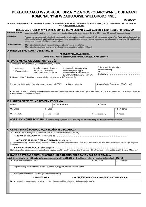 DOP-2 (2014) Deklaracja o wysokości opłaty za gospodarowanie odpadami komunalnymi w zabudowie wielorodzinnej - Szczecin