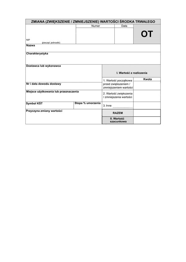 OT Zmiana (zwiększenie / zmniejszenie) wartości środka trwałego (druk dwustronny)