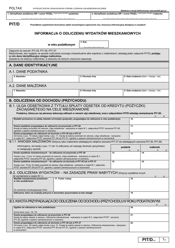 PIT/D (30) (archiwalny) (2022) Informacja o odliczeniu wydatków mieszkaniowych w roku podatkowym 